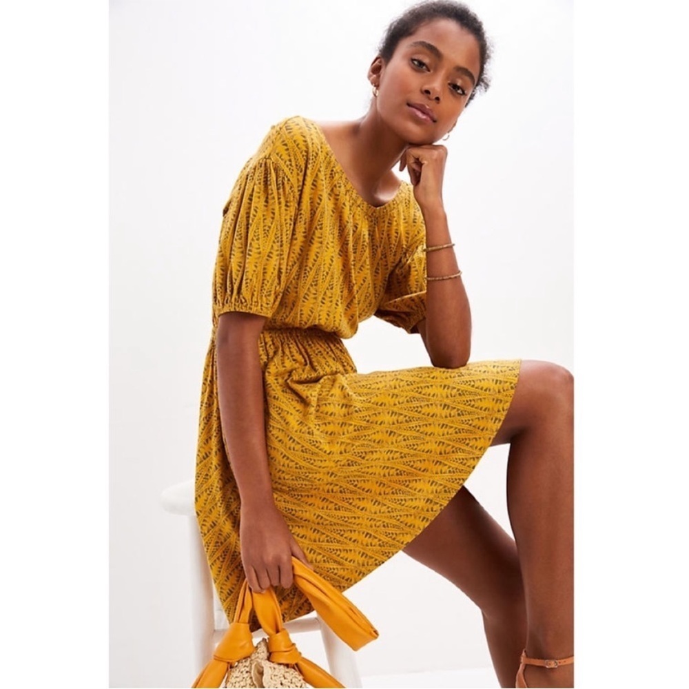 Anthropologie Daily Practice Mustard Yellow Aztec Printed Dress New Size Small